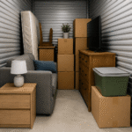 Organised 10x5 storage unit with furniture, boxes, and household items neatly packed